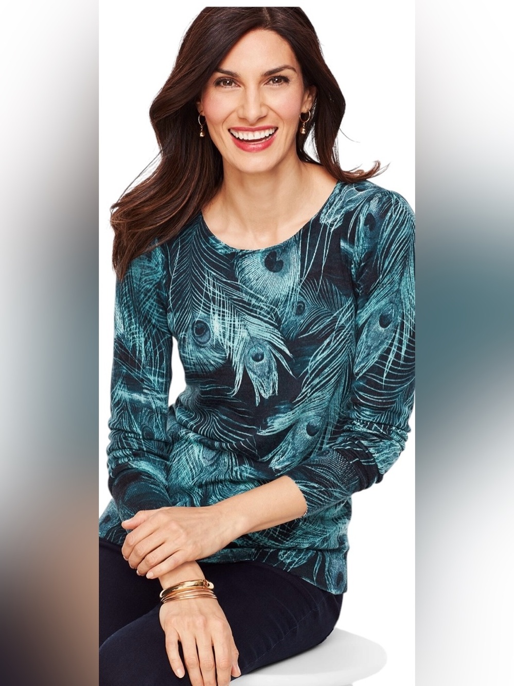 Talbots Sweater Womens M Blue 100% Merino Wool Scoop Neck Peacock Feather Print